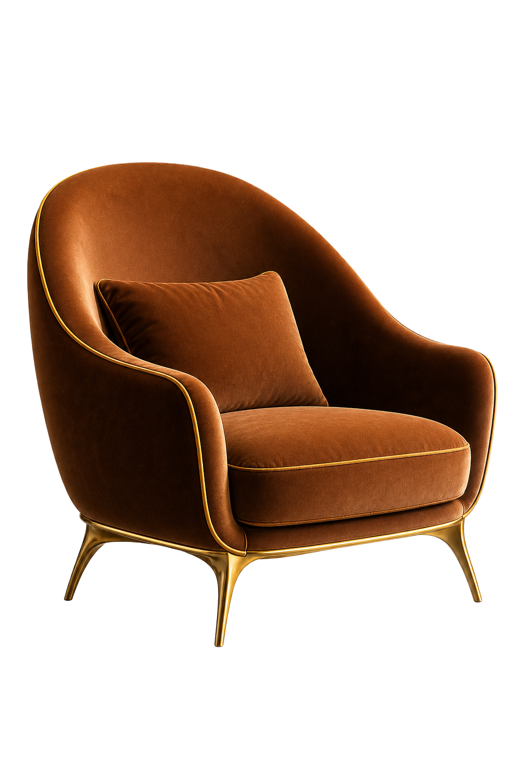 Signature velvet lounge chair in caramel with gold-leaf piping